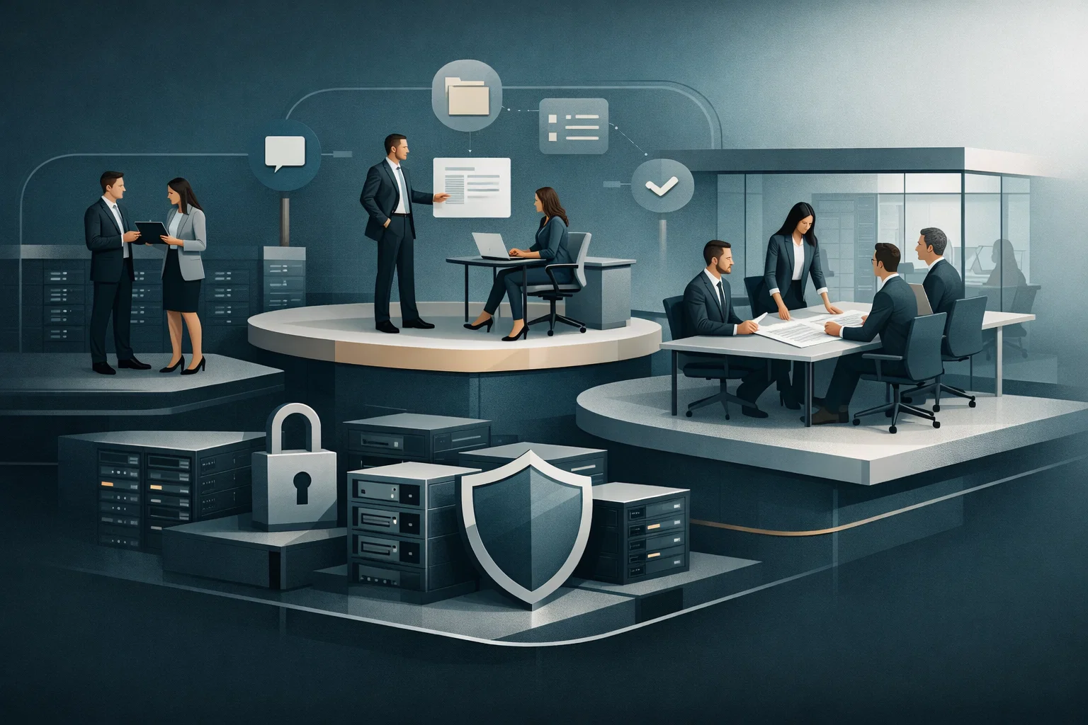 Corporate Iconic Communities illustration showing secure teams, infrastructure, and collaboration.